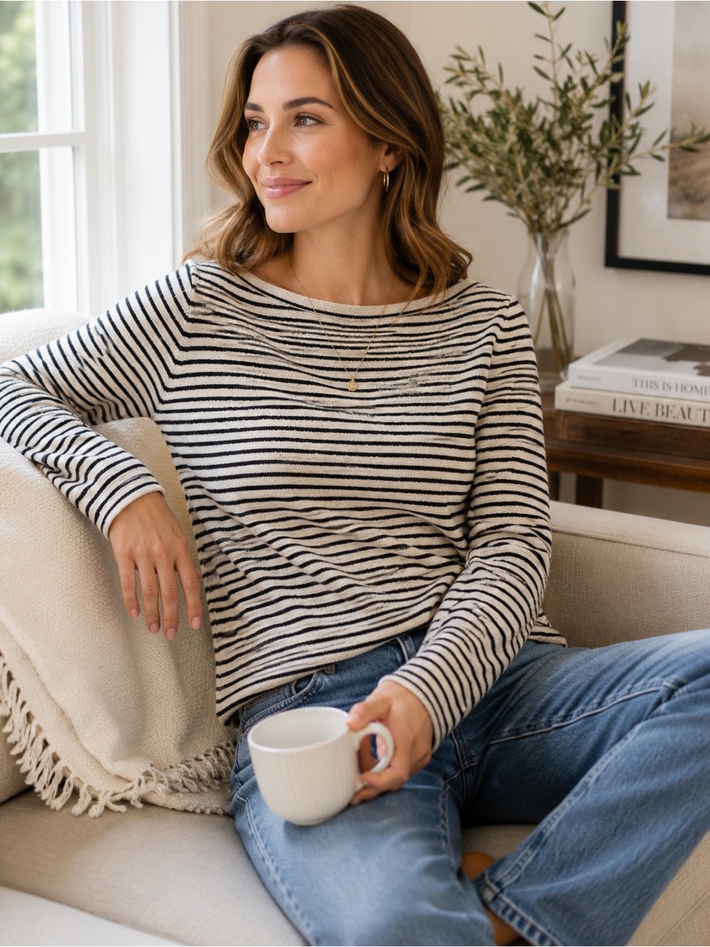 Banana Republic Womens S Breton Stripe Boat Neck Sweater Black Ivory